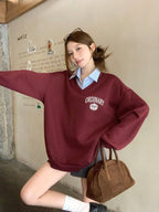 Letter & Stripe Print Patchwork Thermal Lined Sweatshirt