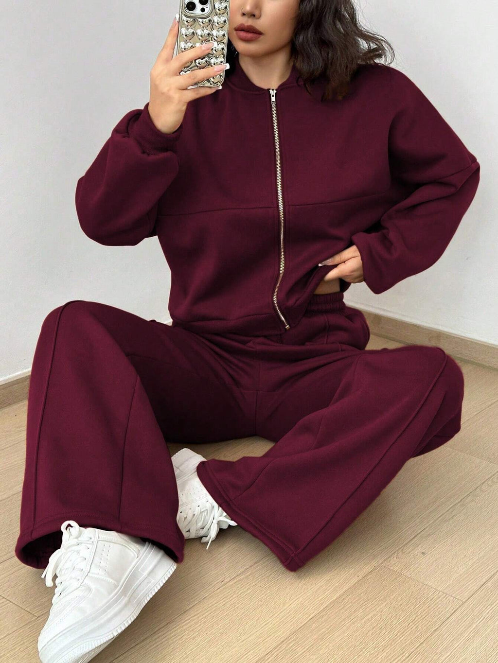 Street Style Camouflage Maple Leaf Print Zipper Sweatshirt & Pants Set