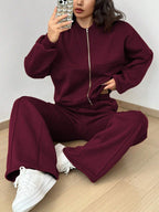 Street Style Camouflage Maple Leaf Print Zipper Sweatshirt & Pants Set