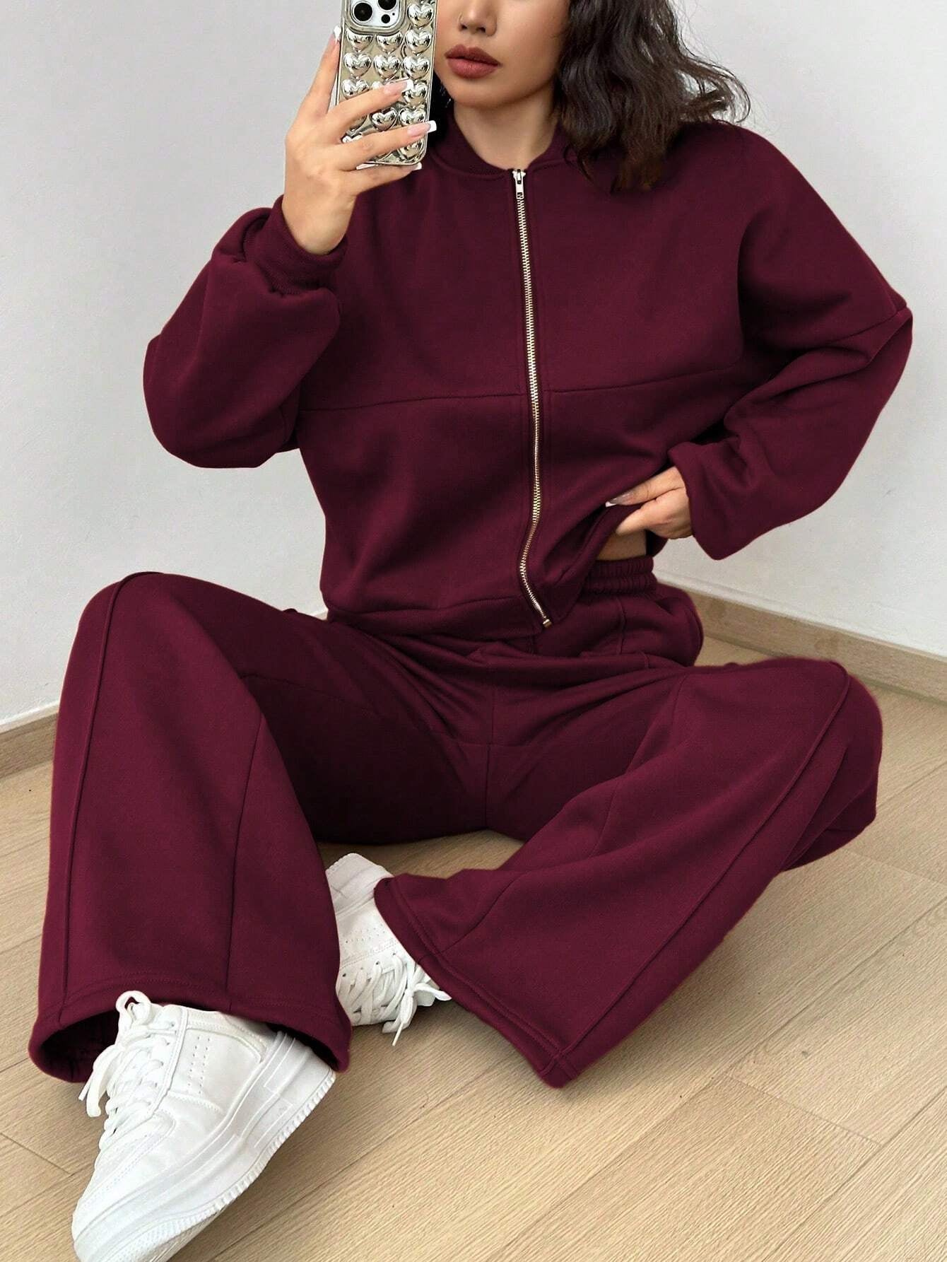 Street Style Camouflage Maple Leaf Print Zipper Sweatshirt & Pants Set