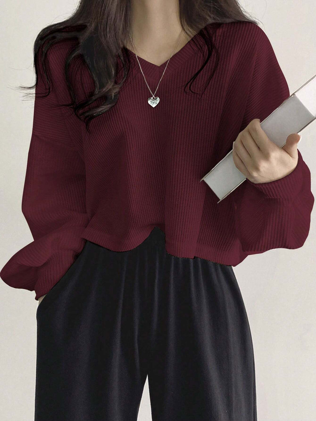 Solid Color V-Neck Dropped Shoulder Long Sleeve Loose Casual T-Shirt