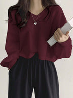 Solid Color V-Neck Dropped Shoulder Long Sleeve Loose Casual T-Shirt