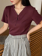Less Solid Rib Knit Button Front Tee Old Money Style