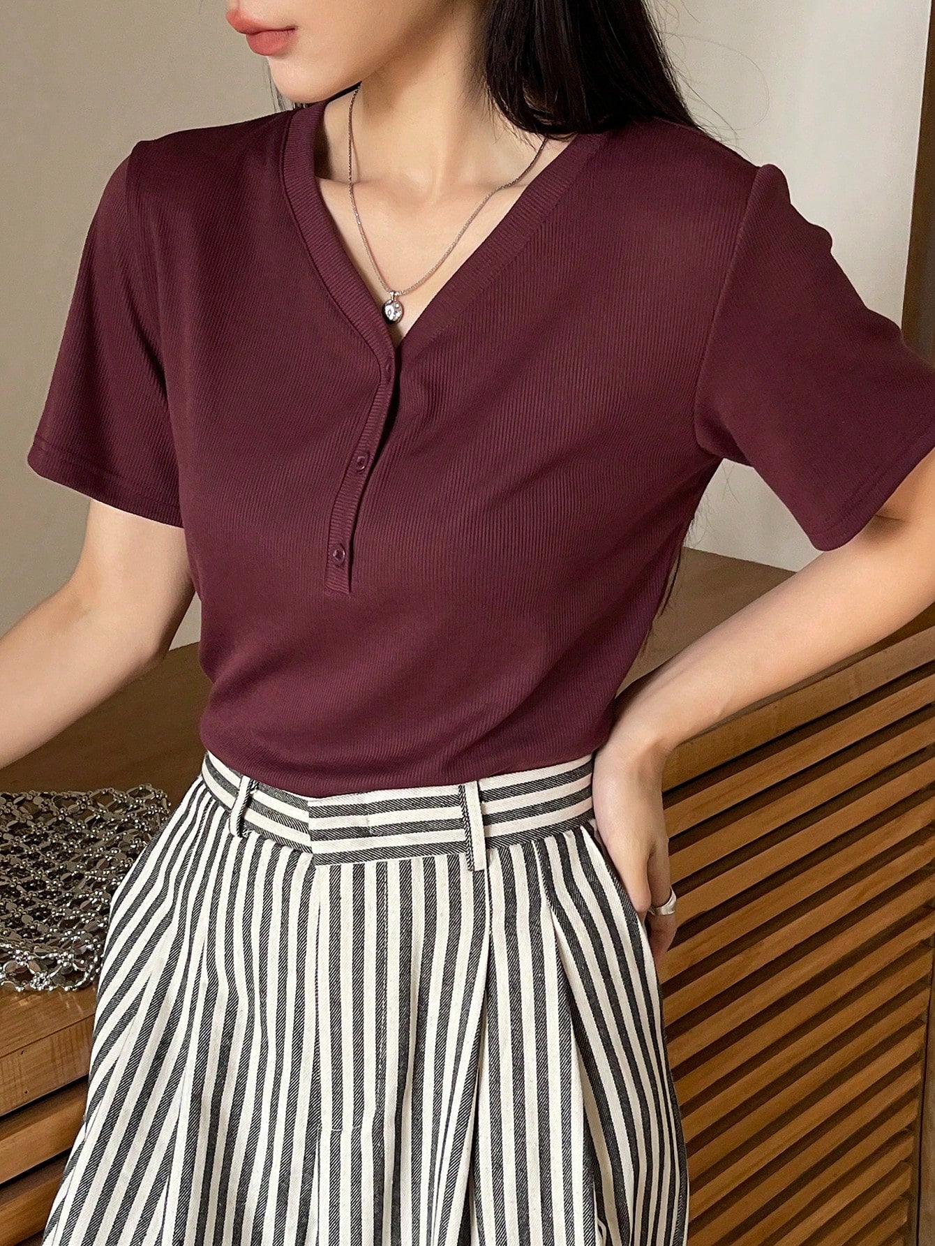 Less Solid Rib Knit Button Front Tee Old Money Style
