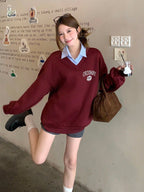 Letter & Stripe Print Patchwork Thermal Lined Sweatshirt