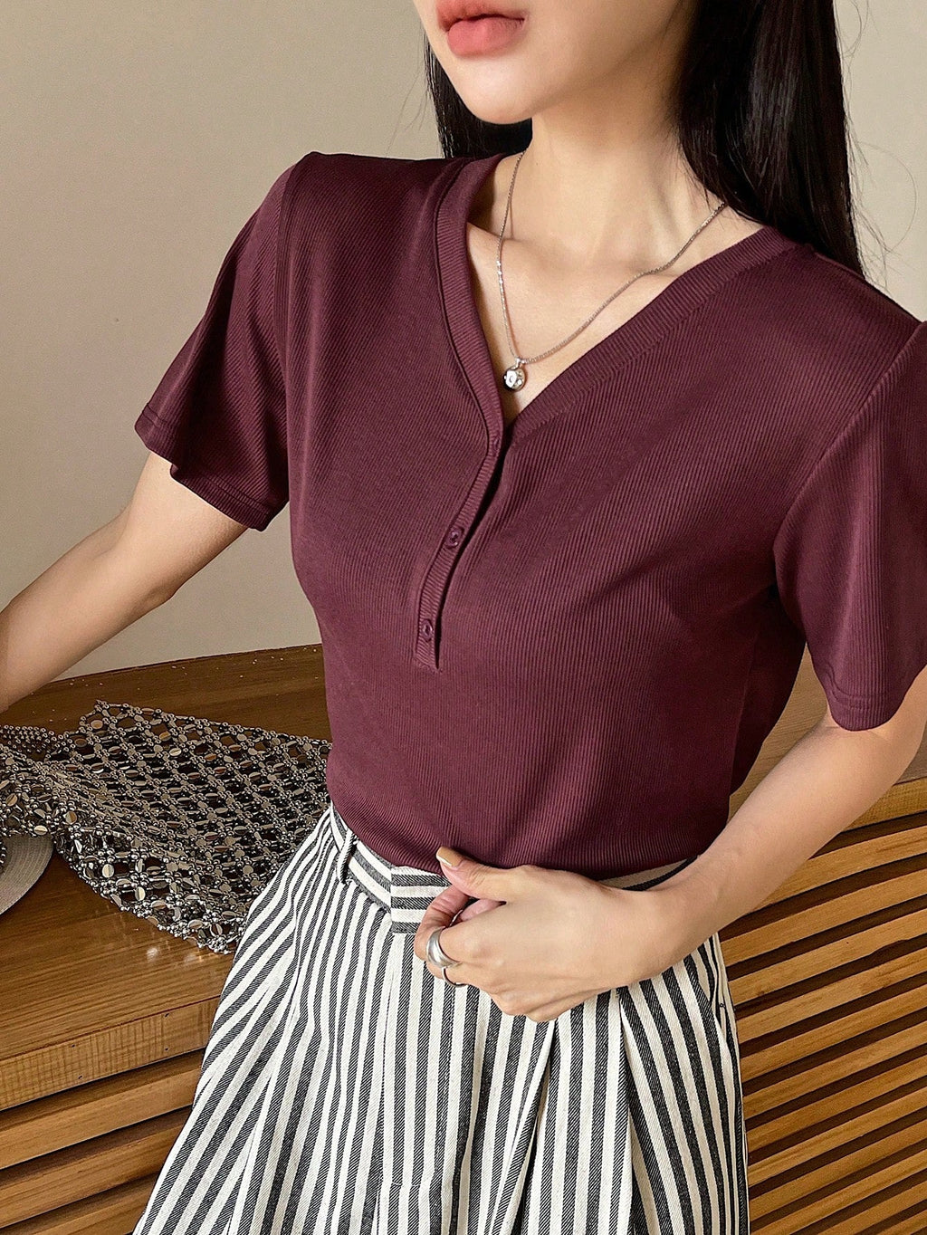 Less Solid Rib Knit Button Front Tee Old Money Style