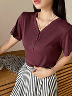 Less Solid Rib Knit Button Front Tee Old Money Style