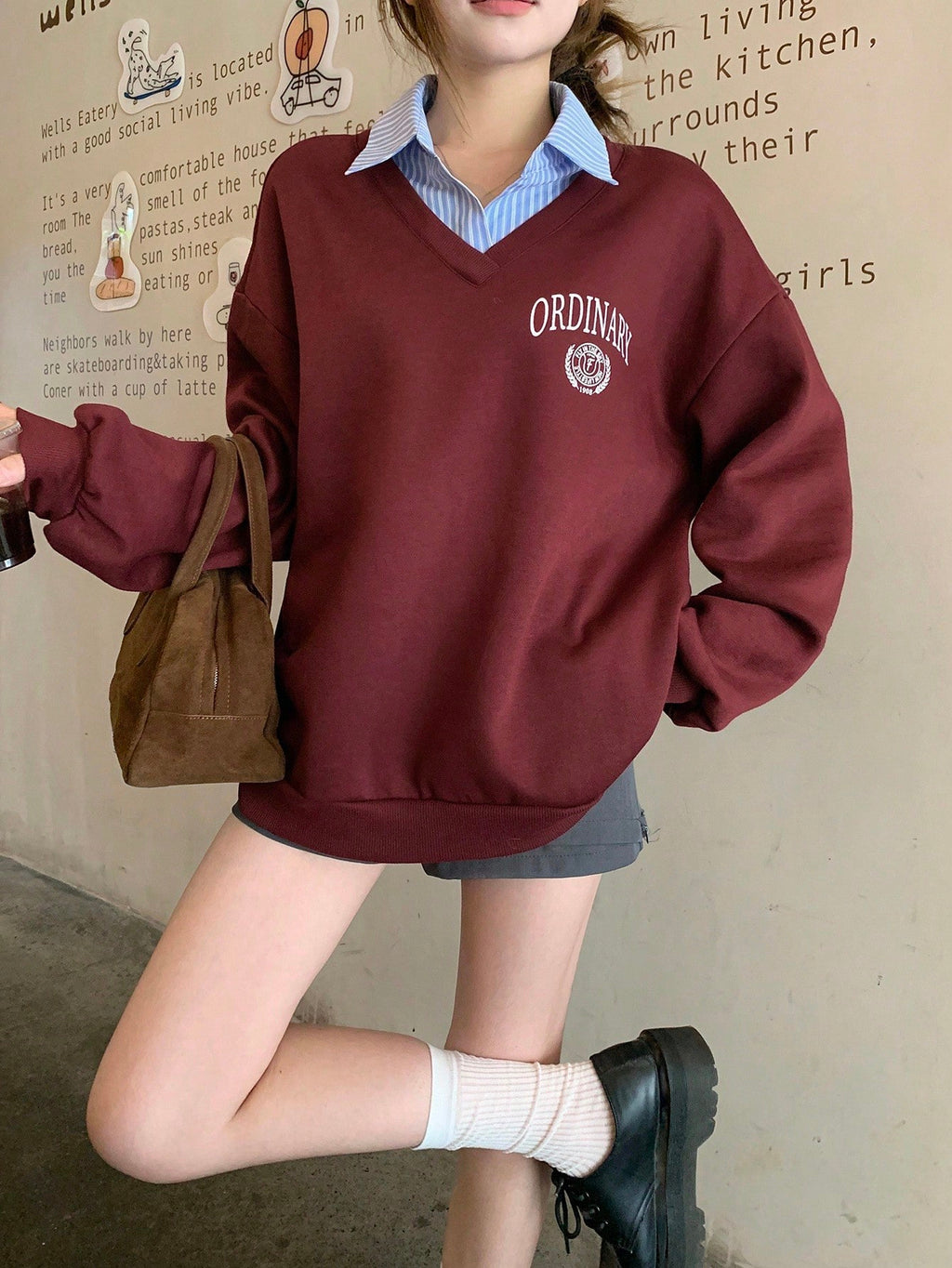 Letter & Stripe Print Patchwork Thermal Lined Sweatshirt