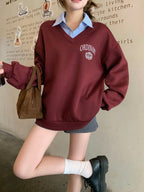 Letter & Stripe Print Patchwork Thermal Lined Sweatshirt