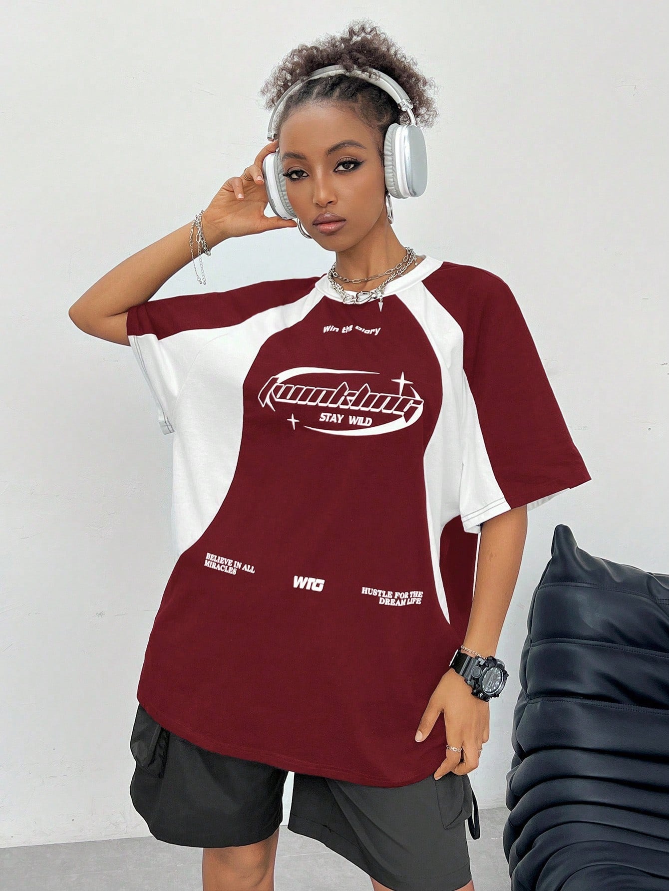 Summer Streetwear Oversized Print Color Block Raglan Sleeve Green Jersey T-Shirt