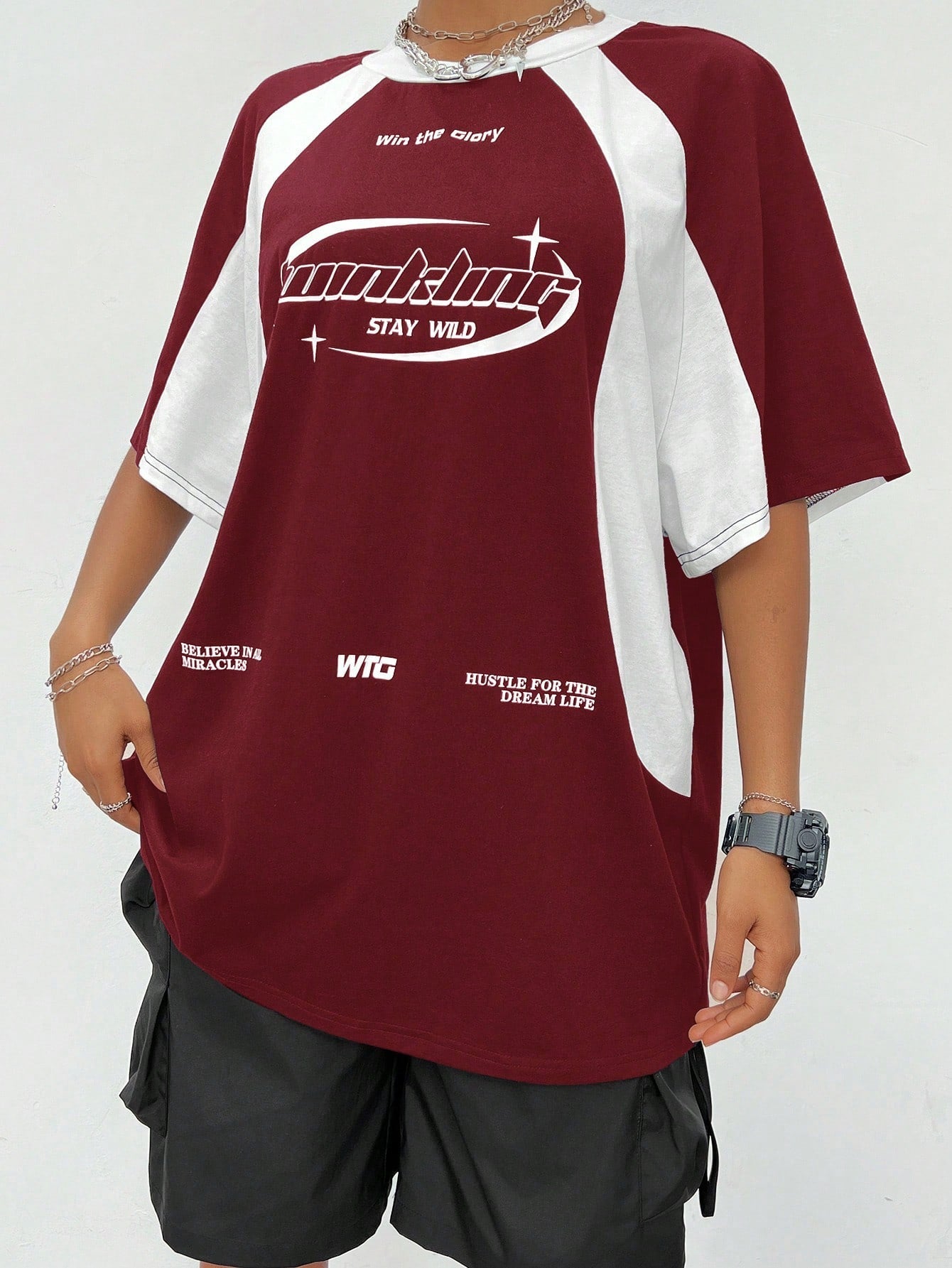 Summer Streetwear Oversized Print Color Block Raglan Sleeve Green Jersey T-Shirt