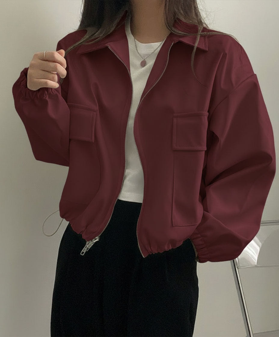 Casual Cropped Zip-Up Long-Sleeve Jacket in Solid Color