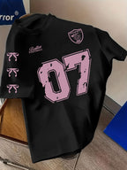 Black T-Shirt with Pink '07' Graphic - Casual Short Sleeve Blouse
