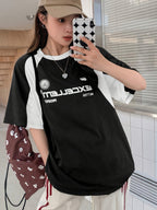Casual Crew Neck T-Shirt, Color Block Half Sleeve Tee Loose Fit