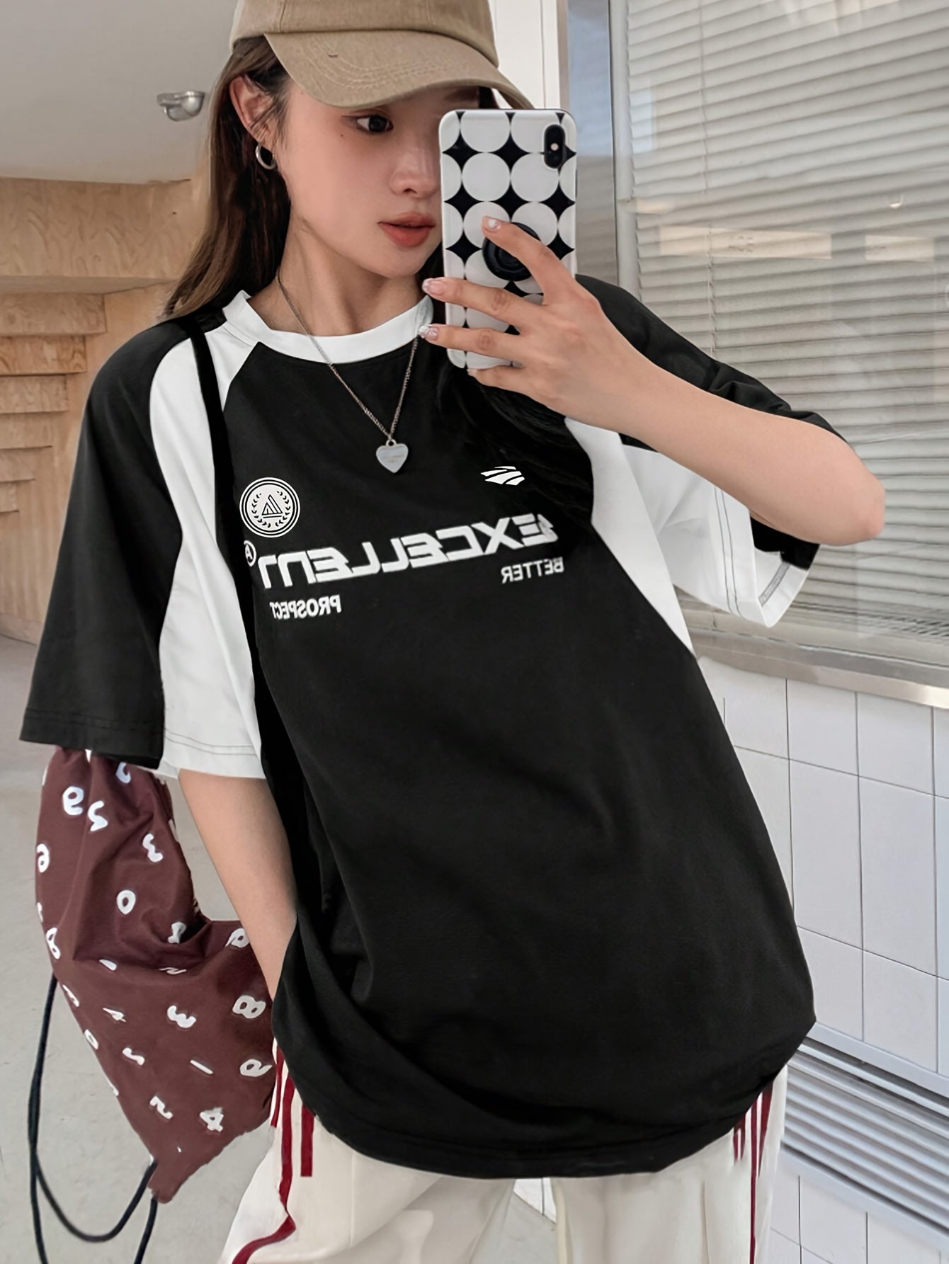 Casual Crew Neck T-Shirt, Color Block Half Sleeve Tee Loose Fit