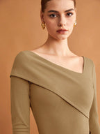 Elastic Ruched Asymmetric Neck Long Sleeve Elegant T-Shirt