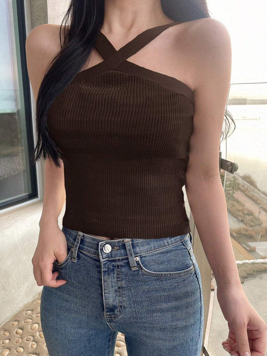 Striped Halter Neck Fitted Knit Top