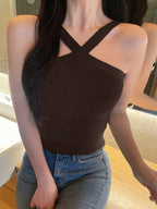 Striped Halter Neck Fitted Knit Top