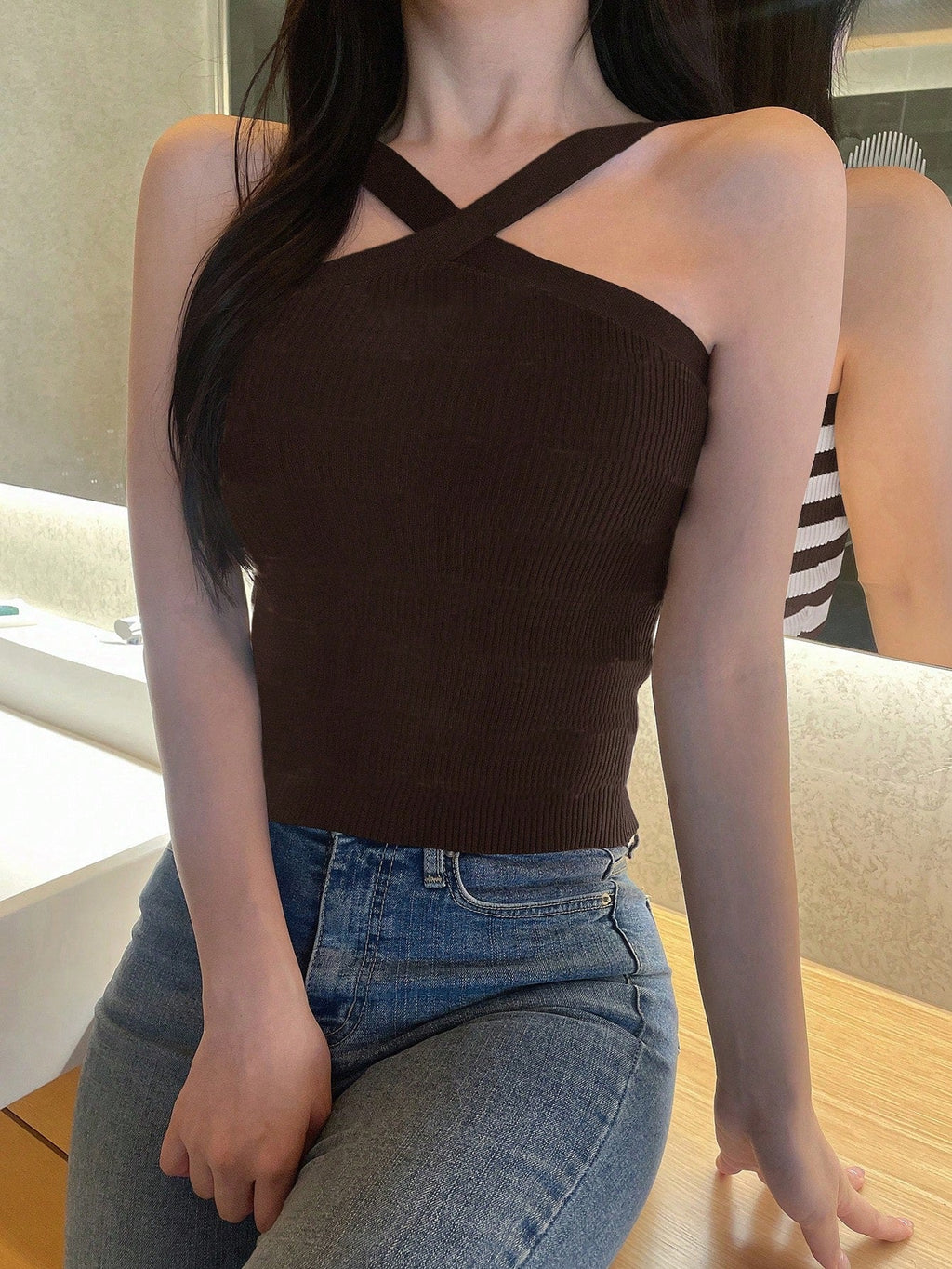 Striped Halter Neck Fitted Knit Top