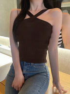 Striped Halter Neck Fitted Knit Top