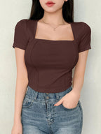 Women's Solid Color Swan Collar Short Sleeve T-Shirt