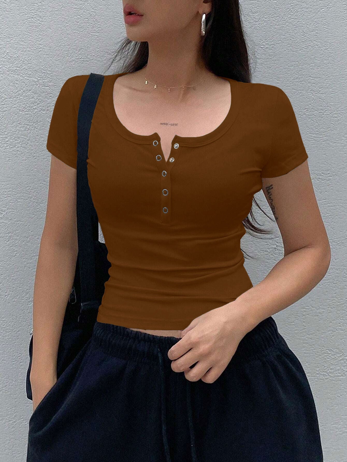 Short Sleeve T-Shirt With Henley Neck
