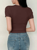 Women's Solid Color Swan Collar Short Sleeve T-Shirt