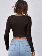 Neck Button Placket Rib-knit Tee