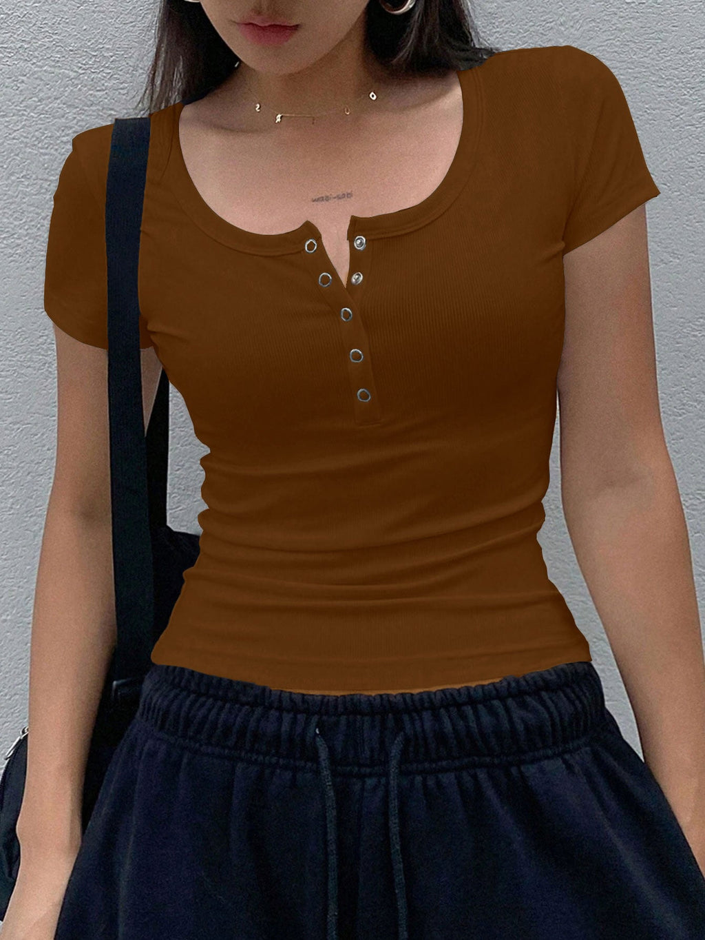 Short Sleeve T-Shirt With Henley Neck