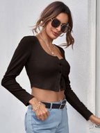 Neck Button Placket Rib-knit Tee