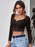Neck Button Placket Rib-knit Tee