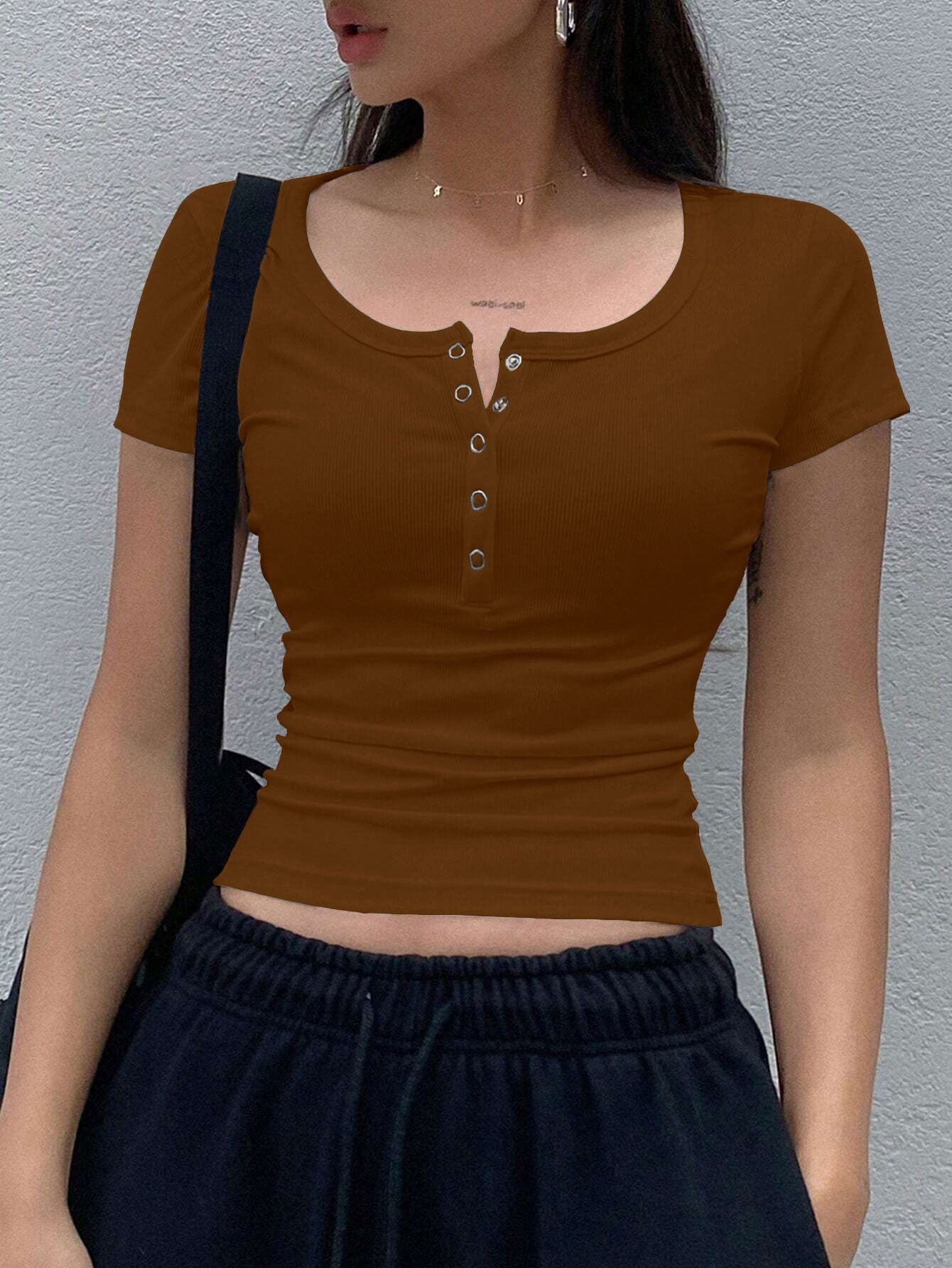 Short Sleeve T-Shirt With Henley Neck