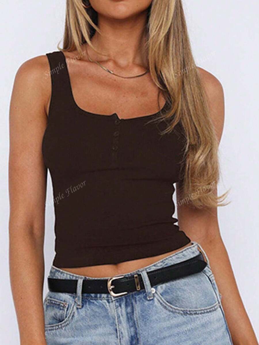 Solid Color Button Half Placket Tank Top