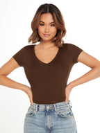 V-Neck Short Sleeve Solid Color Slim Fit Casual Tee