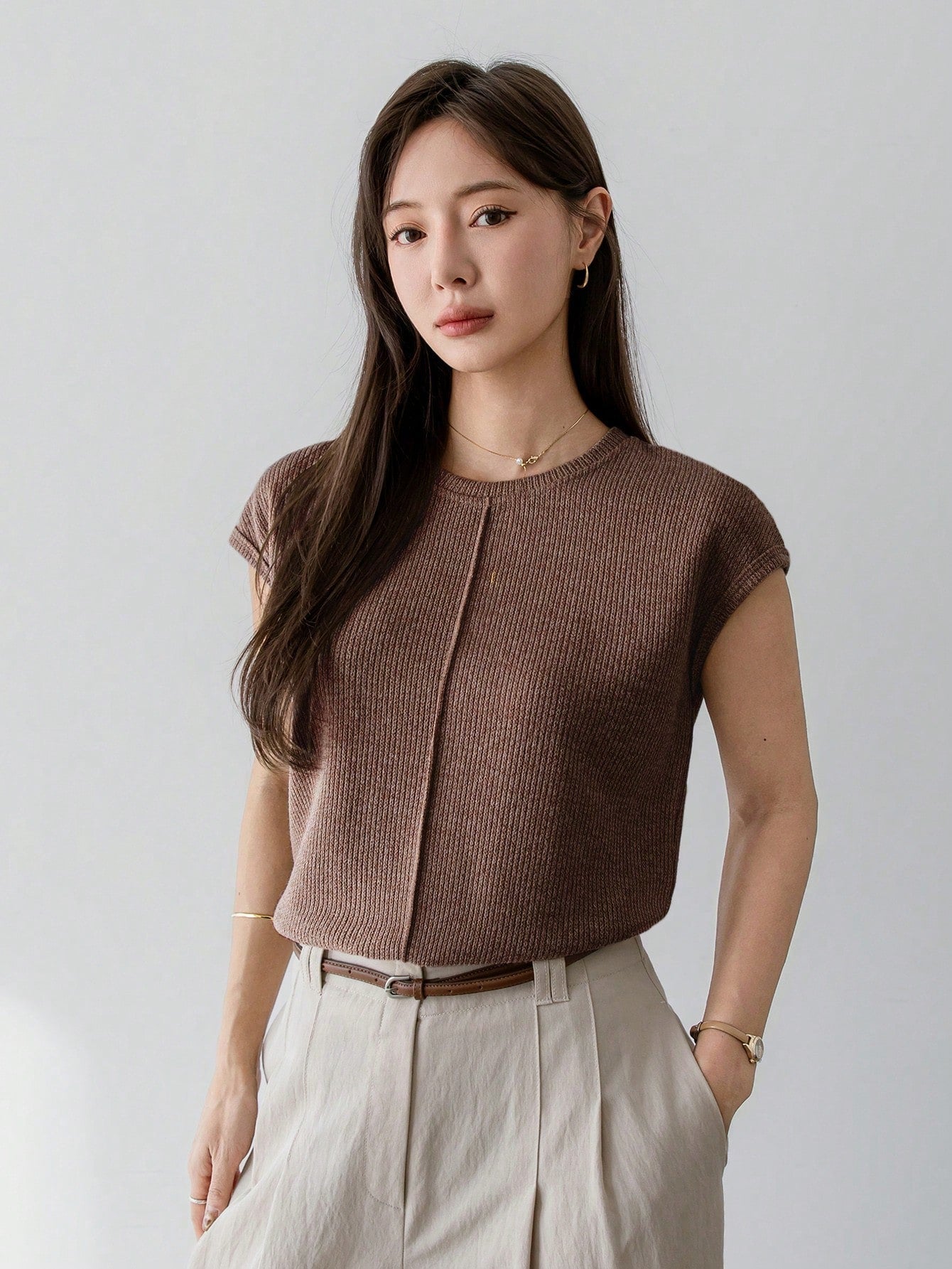 Loose Casual Knitted Solid Color Patchwork Short Sleeve Women T-Shirt