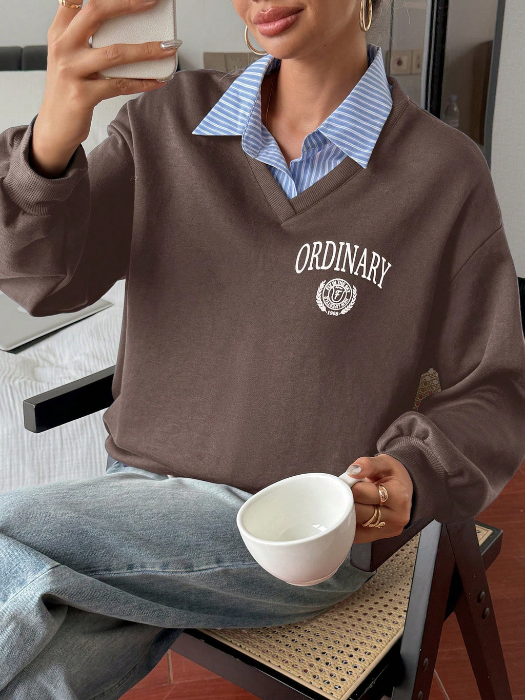 Letter & Stripe Print Patchwork Thermal Lined Sweatshirt