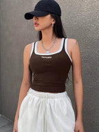 Letter Print Contrast Trim Tight Crop Tank Top With U-Neck For Women
