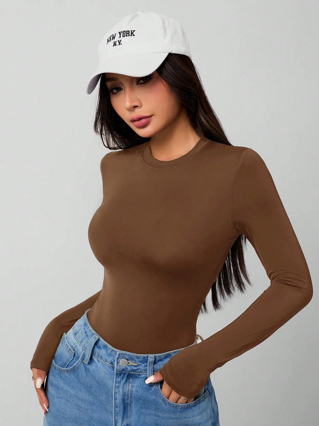 Solid Knit Stretch Fitted Black Bodysuit