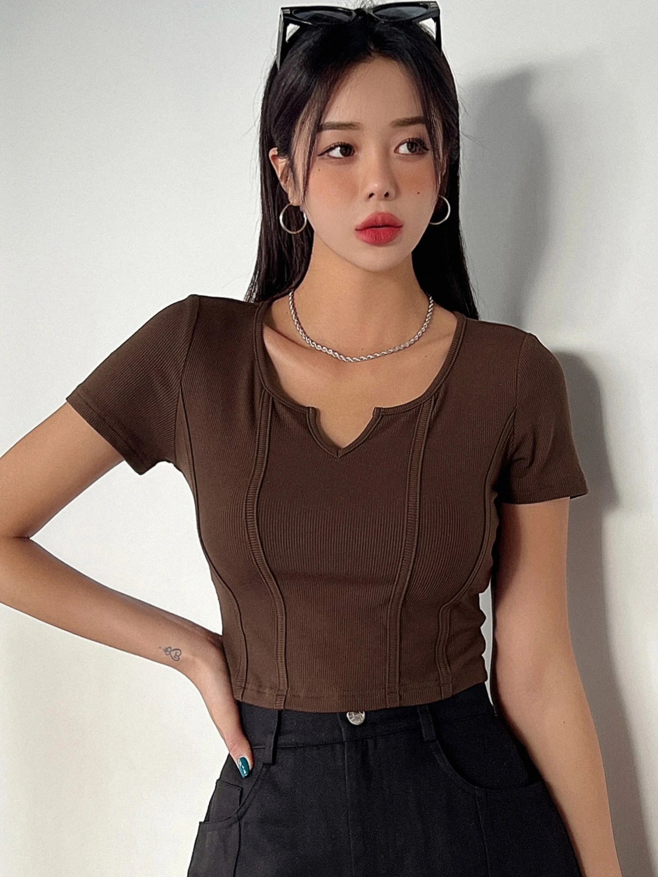 Notched Neckline Seam Detail Tee