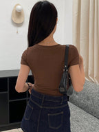 Solid Color Round Neck Short Sleeve Cropped Slim Fit Casual T-Shirt