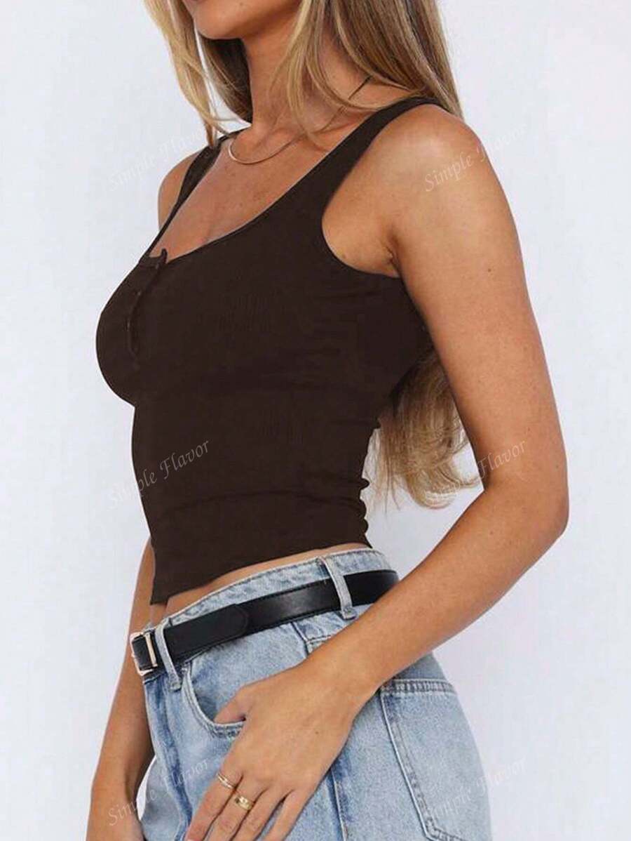 Solid Color Button Half Placket Tank Top