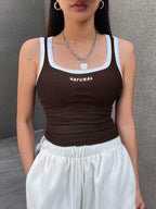Letter Print Contrast Trim Tight Crop Tank Top With U-Neck For Women