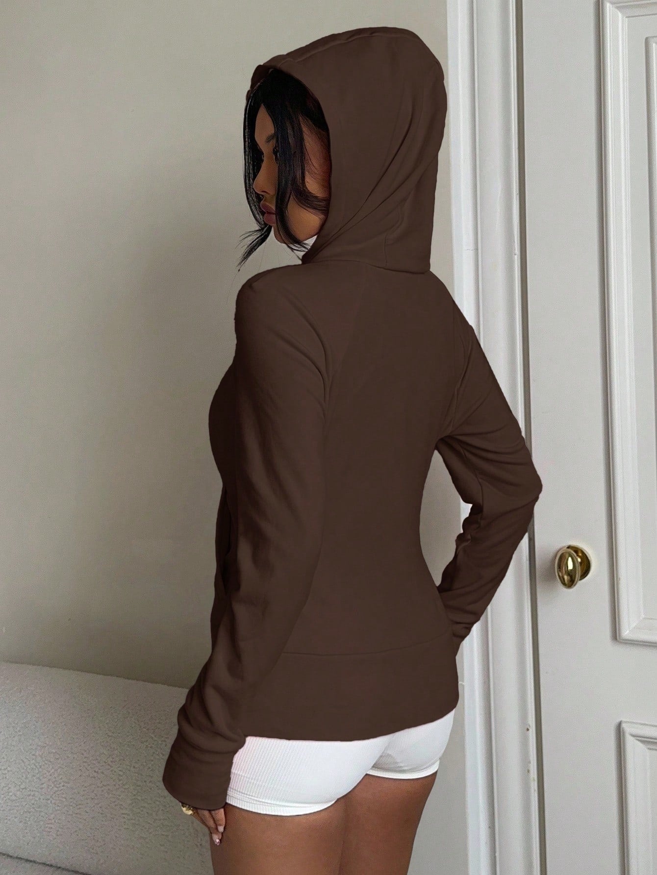 Casual Brown Hoodie Sweatshirt, Autumn/Winter Brown Long Sleeve Top