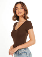 V-Neck Short Sleeve Solid Color Slim Fit Casual Tee