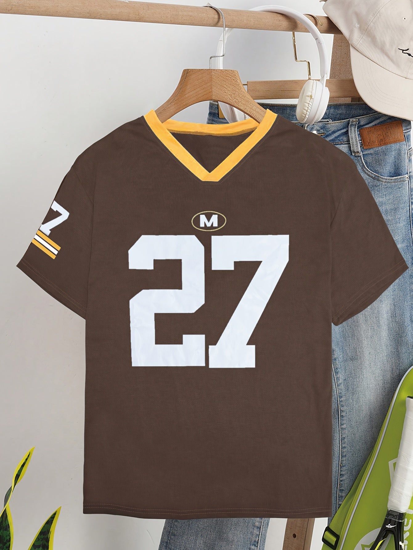 V-Neck Short Sleeve Casual Letter & Number Print Loose