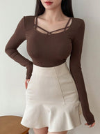 Hollow Out Design Ribbed T-Shirt