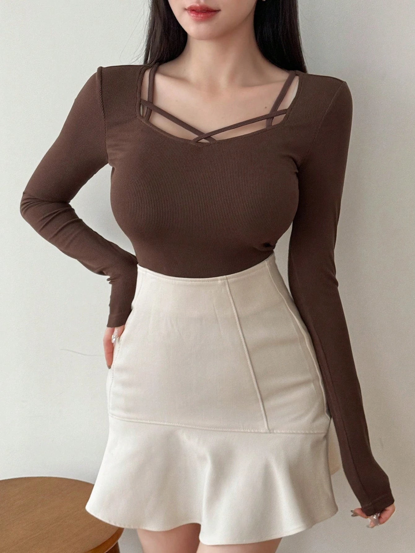Hollow Out Design Ribbed T-Shirt