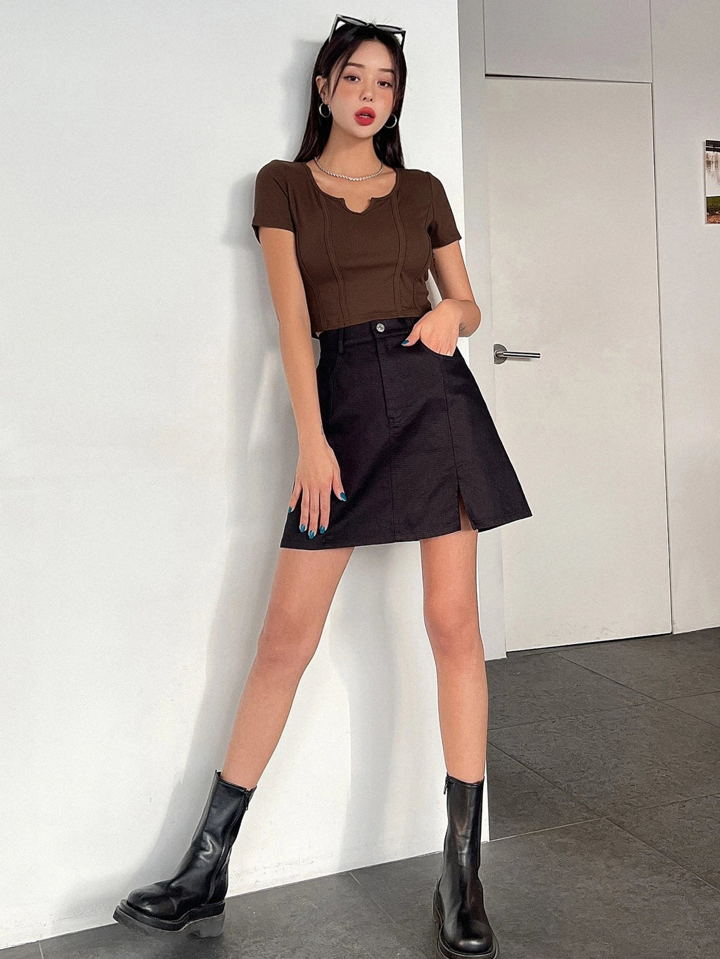 Notched Neckline Seam Detail Tee