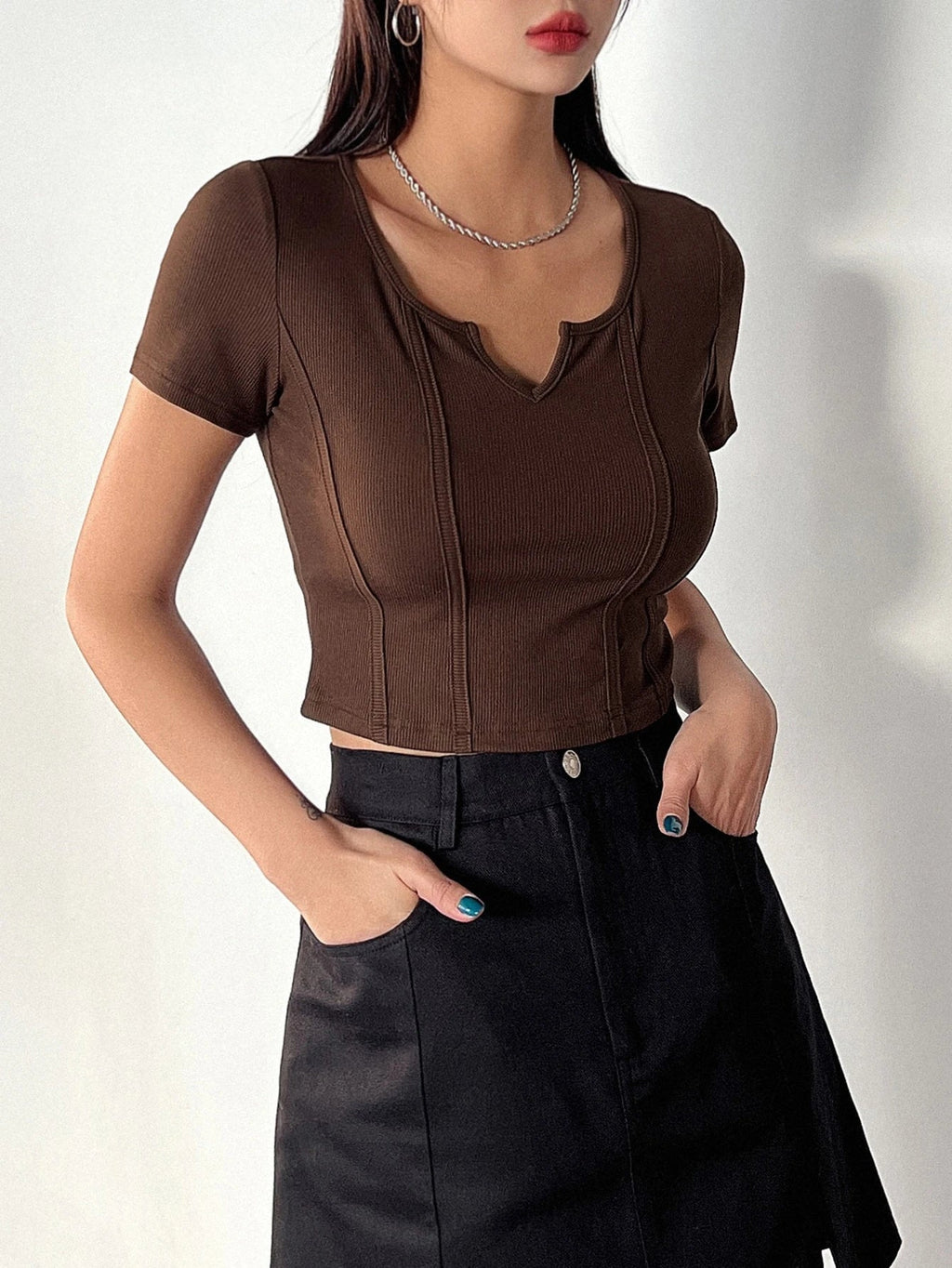Notched Neckline Seam Detail Tee