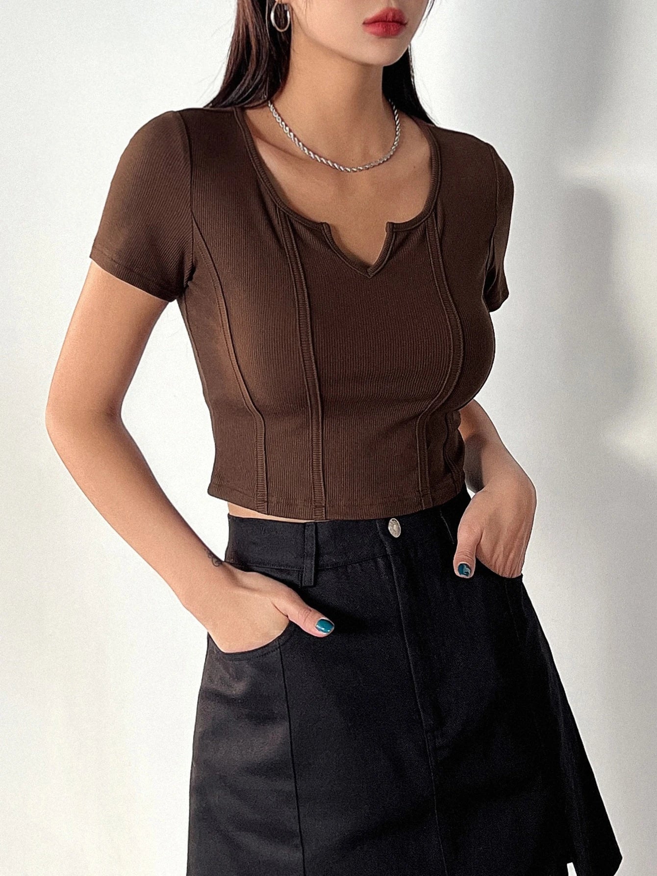 Notched Neckline Seam Detail Tee